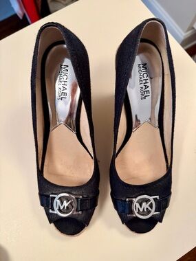 Michael Kors Black Peep-Toe Pumps with Silver MK Emblem